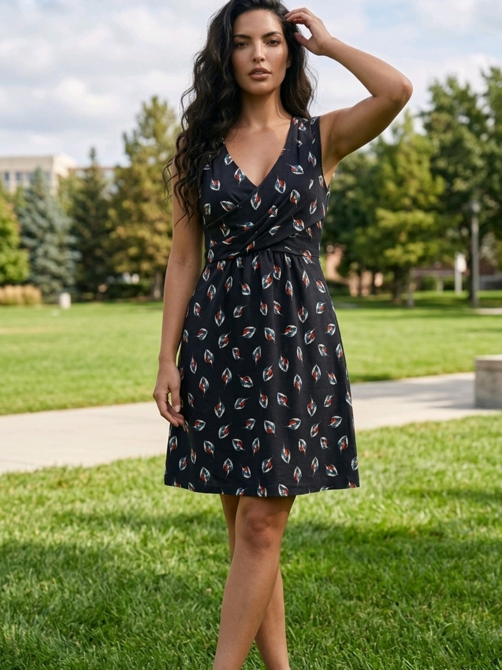 Maison Jules Black Sleeveless V-Neck Mini Dress with Red & White Print